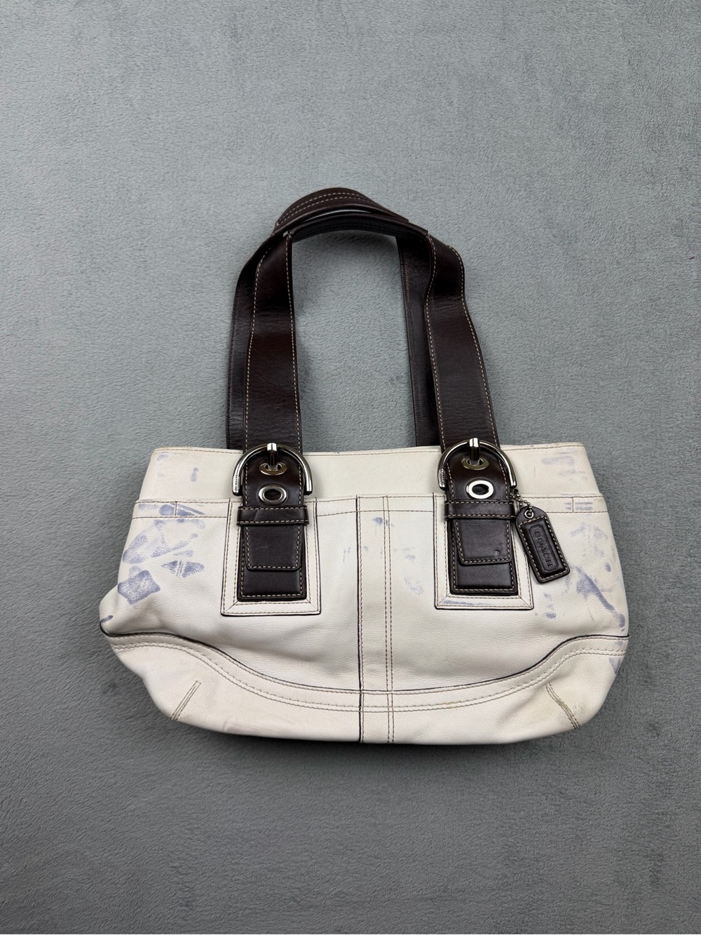 Coach Cream Leather Shoulder Bag with Dark Brown Handles